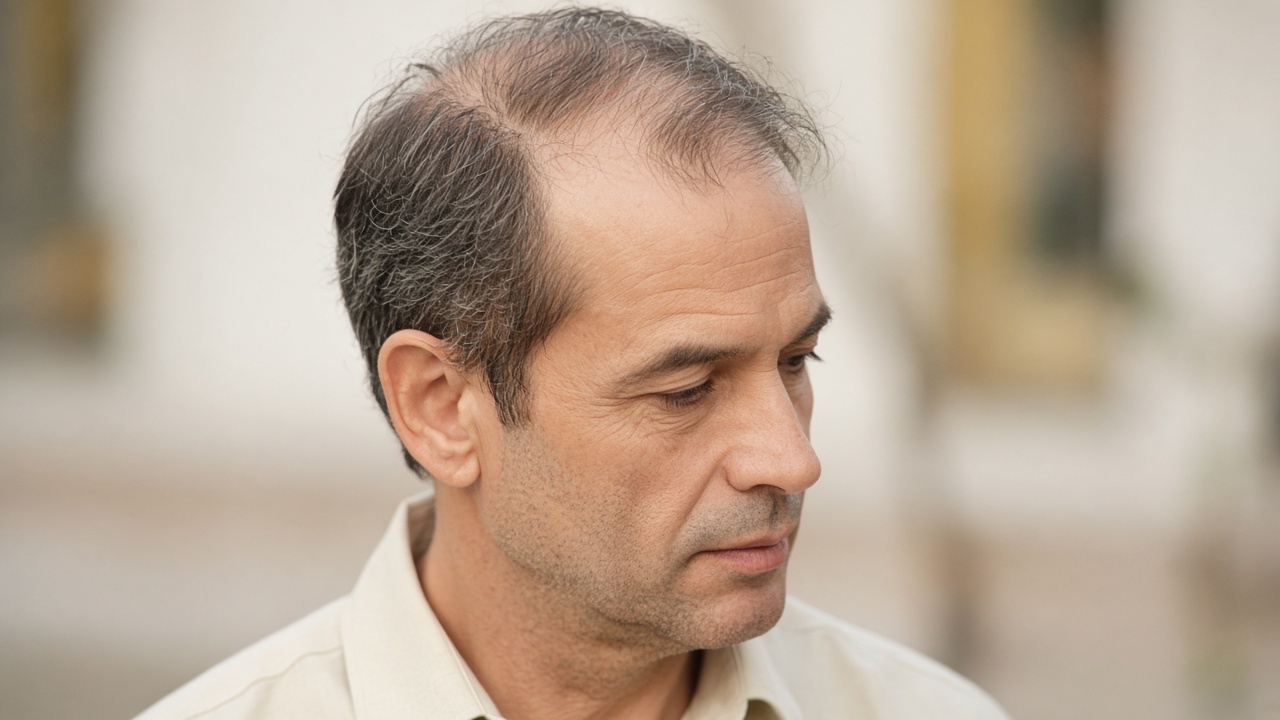 Diagram illustrating the seven stages of male pattern baldness according to the Norwood Scale, showing hair loss progression.